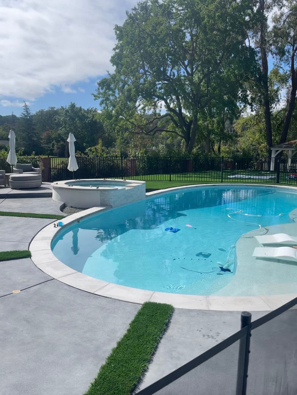 Luxurious backyard oasis with a sparkling pool, spa, and lush landscaping. Ideal for relaxation.