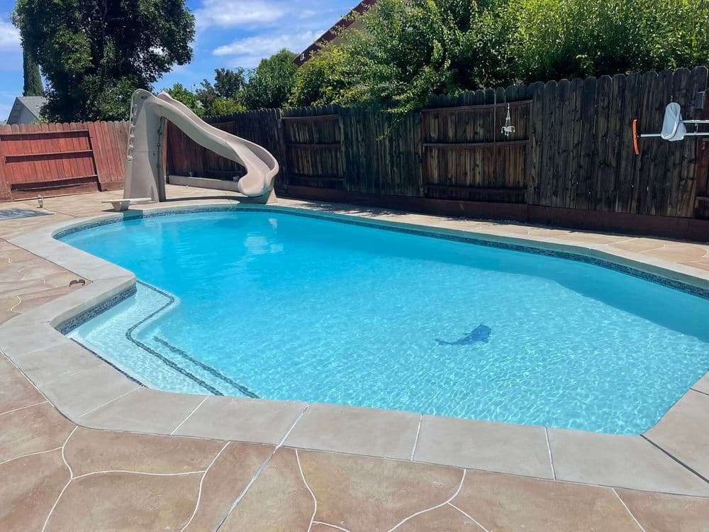 Backyard pool with clear blue water and a tan slide surrounded by wooden fencing and greenery.