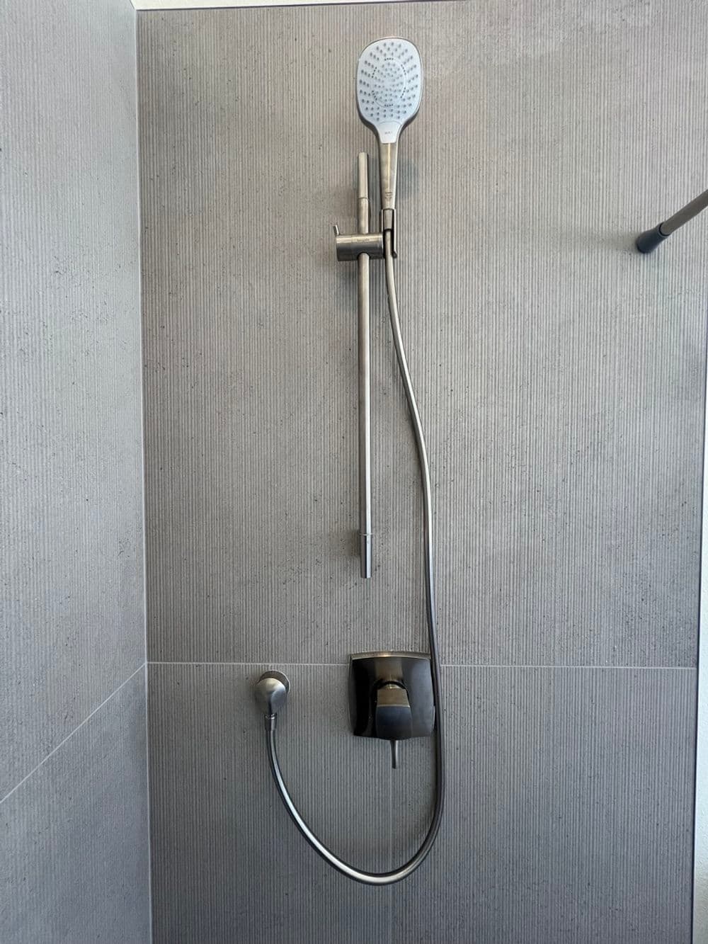Modern showerhead design with sleek metal finish and vertical installed hose.