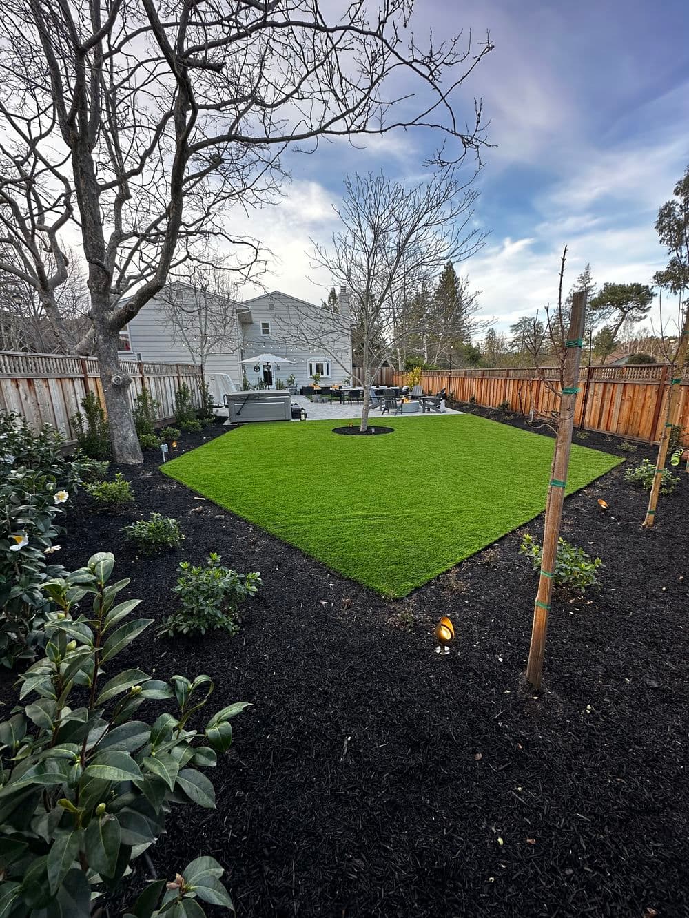 Lush green backyard with artificial turf, trees, and landscaped flower beds against a home.